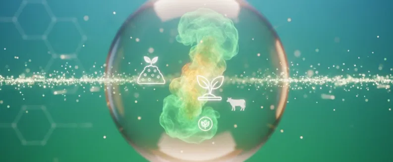Ilustración con una esfera transparente suspendida sobre un fondo verde y azul. Dentro de la esfera hay una nube de colores verde y naranja acompañada de iconos relacionados con el biometano: una pila de materia orgánica, una planta y un animal. En la parte inferior aparece el texto “Biometano Renovable”.