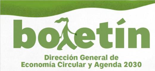 Boletin Dirección General Economía Circular y Agenda 2030 en verde con la palabra boletin conteniendo la muñeca de EC en la L