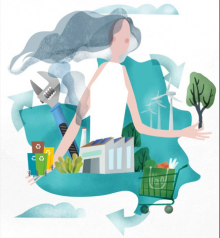 mujer imagen de EC rodeada de aerogenerdores, carrito de compra sostenible, cubos de diferentes fracciones de basura, llave inglesa con un fondo del mapa de Castilla-La Mancha